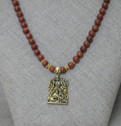 18" Durga Maa Gold Sandstone Beads Necklace Hindu Goddess Pendant Spiritual Gift