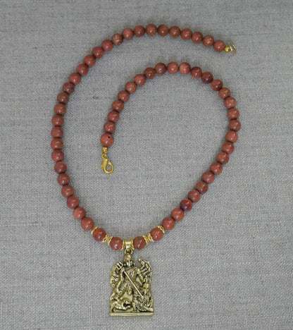 18" Durga Maa Gold Sandstone Beads Necklace Hindu Goddess Pendant Spiritual Gift
