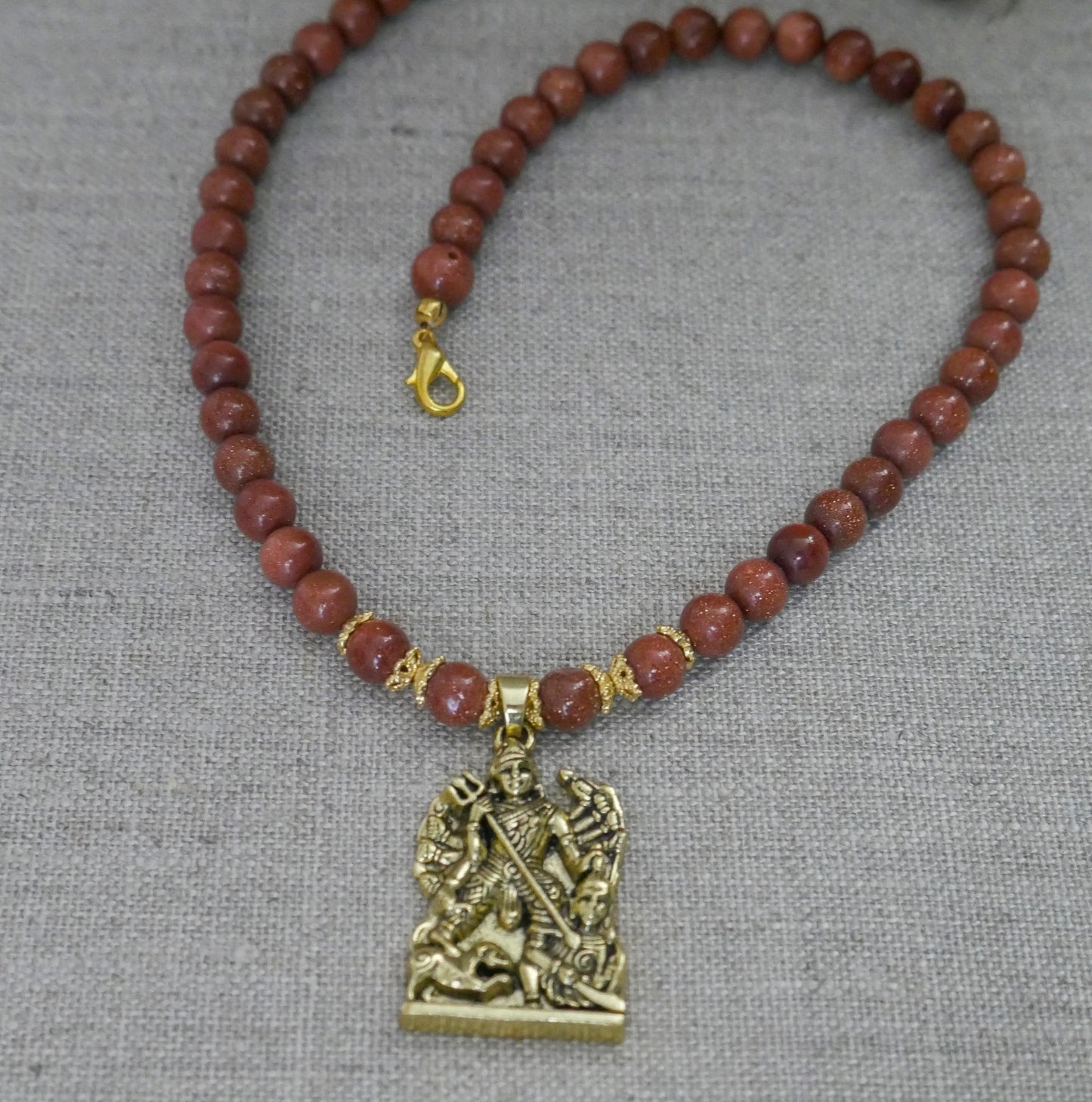 18" Durga Maa Gold Sandstone Beads Necklace Hindu Goddess Pendant Spiritual Gift