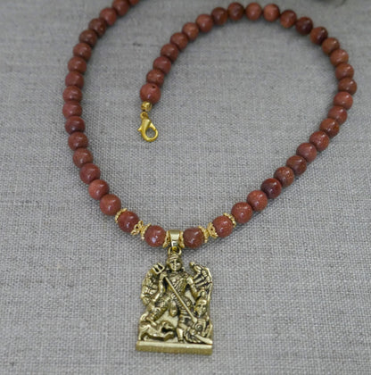 18" Durga Maa Gold Sandstone Beads Necklace Hindu Goddess Pendant Spiritual Gift