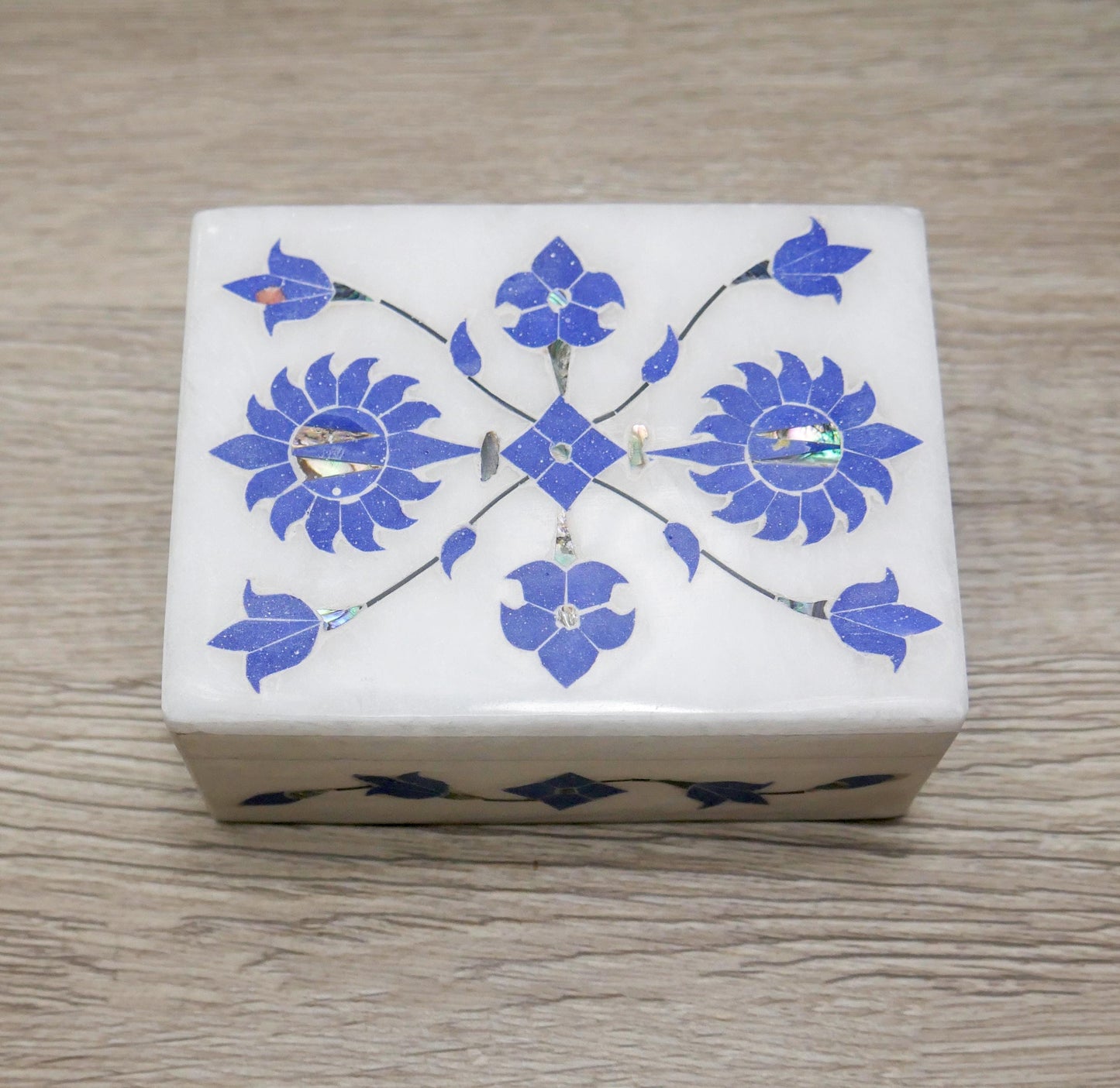 4" White Marble Jewelry Box Blue Floral Inlay | Trinket Box Handmade Gift Keepsake
