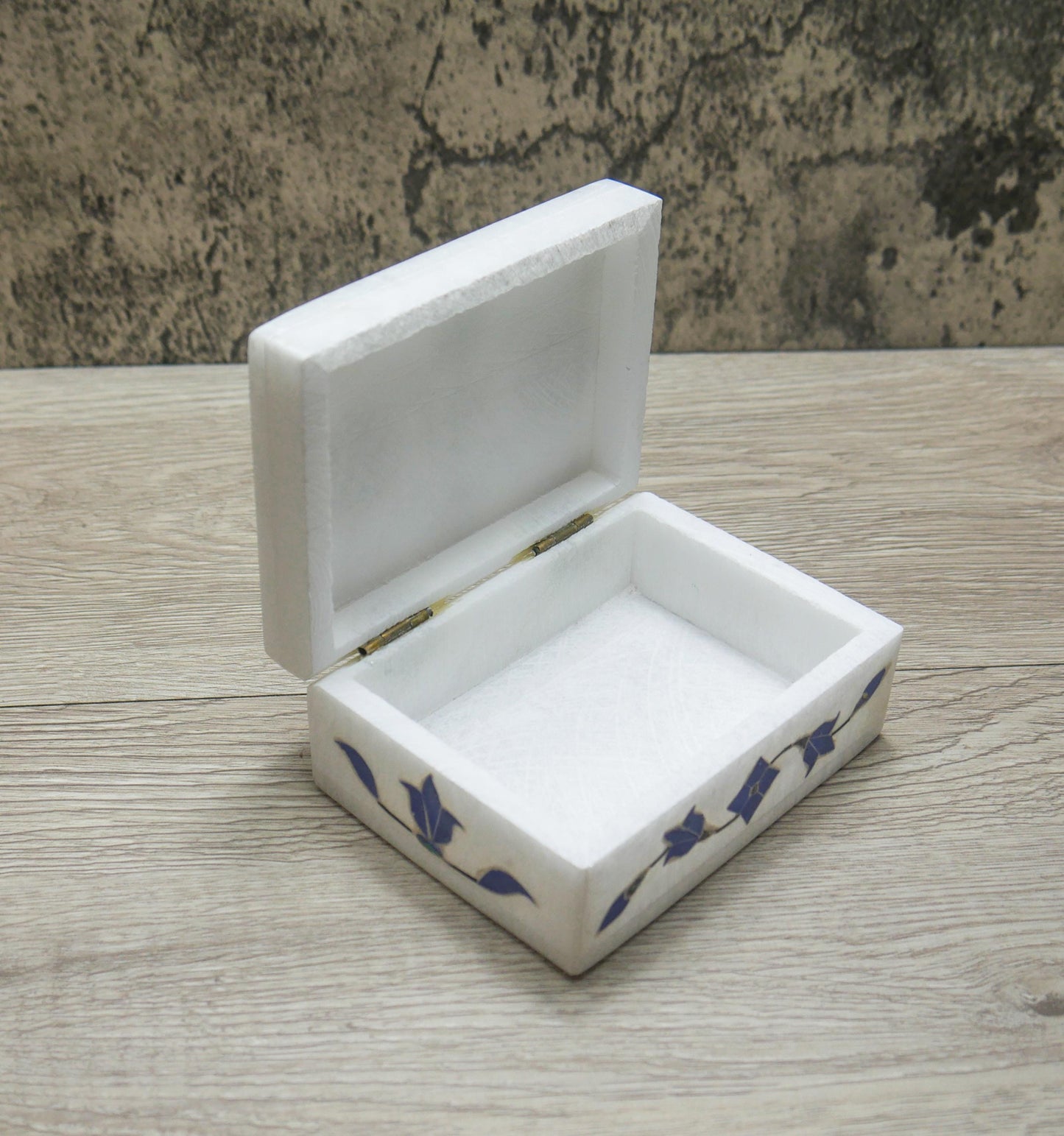 4" White Marble Jewelry Box Blue Floral Inlay | Trinket Box Handmade Gift Keepsake