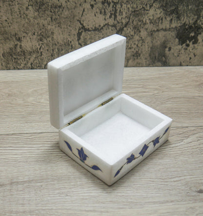 4" White Marble Jewelry Box Blue Floral Inlay | Trinket Box Handmade Gift Keepsake