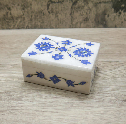 4" White Marble Jewelry Box Blue Floral Inlay | Trinket Box Handmade Gift Keepsake