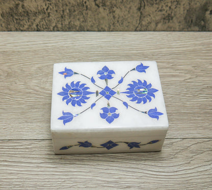 4" White Marble Jewelry Box Blue Floral Inlay | Trinket Box Handmade Gift Keepsake