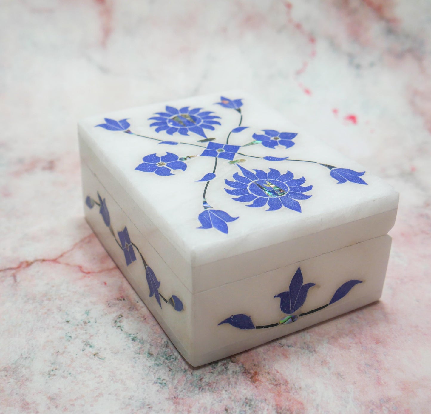 4" White Marble Jewelry Box Blue Floral Inlay | Trinket Box Handmade Gift Keepsake