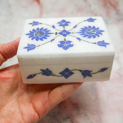 4" White Marble Jewelry Box Blue Floral Inlay | Trinket Box Handmade Gift Keepsake