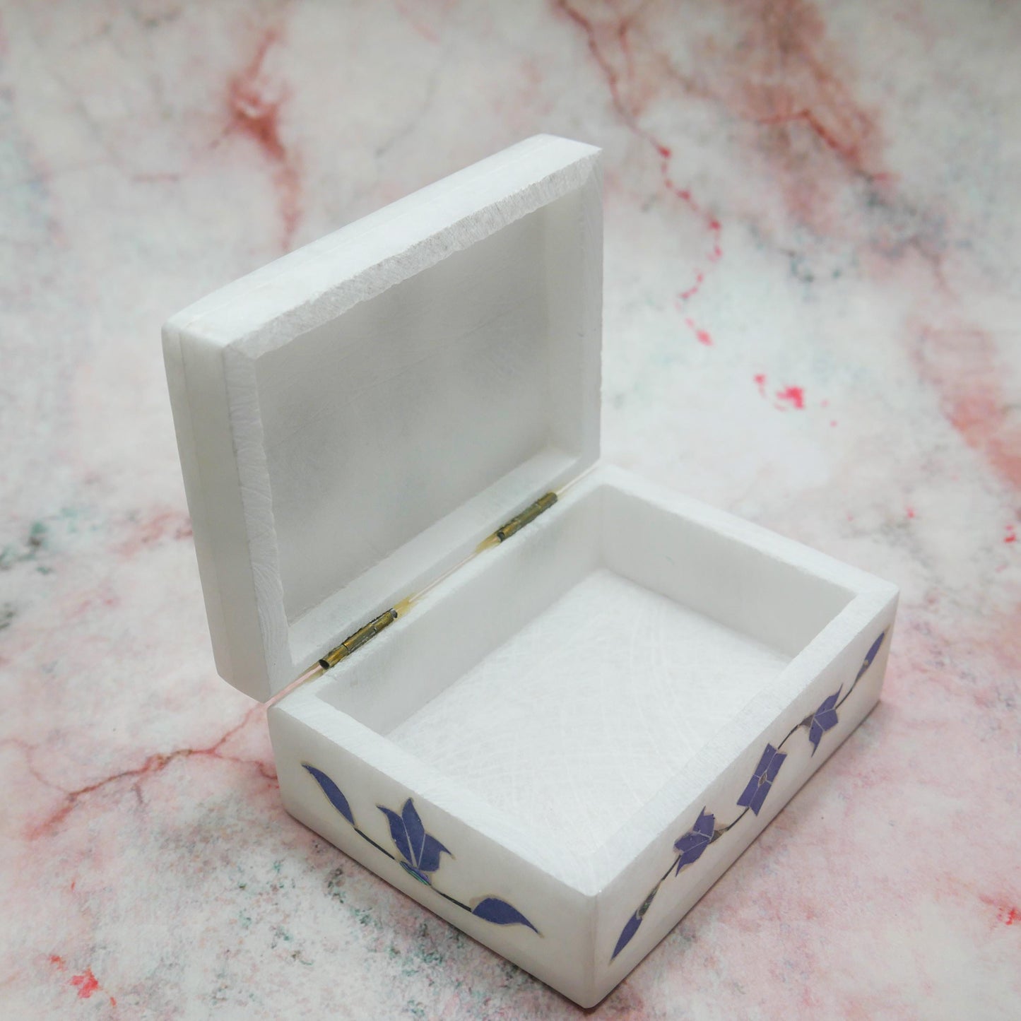 4" White Marble Jewelry Box Blue Floral Inlay | Trinket Box Handmade Gift Keepsake