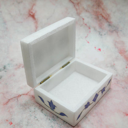4" White Marble Jewelry Box Blue Floral Inlay | Trinket Box Handmade Gift Keepsake