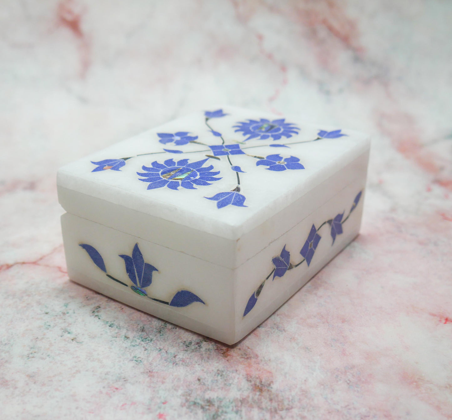 4" White Marble Jewelry Box Blue Floral Inlay | Trinket Box Handmade Gift Keepsake