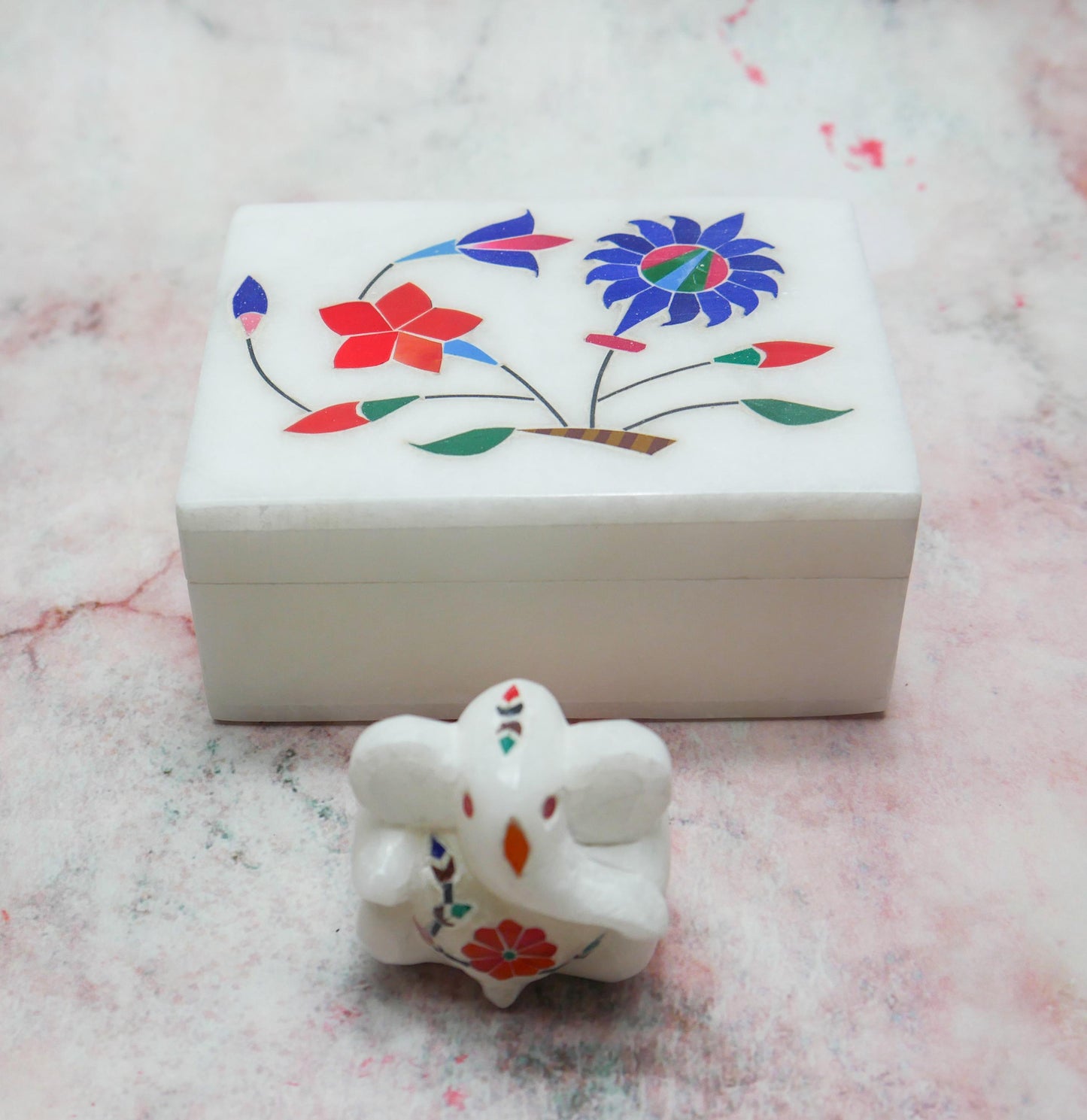 Marble Jewelry Box with Mini Ganesh White Inlay | Trinket Box Handmade Gift Set