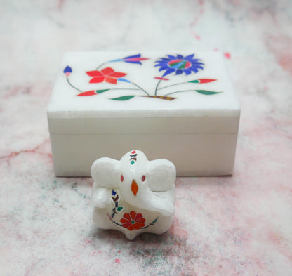 Marble Jewelry Box with Mini Ganesh White Inlay | Trinket Box Handmade Gift Set