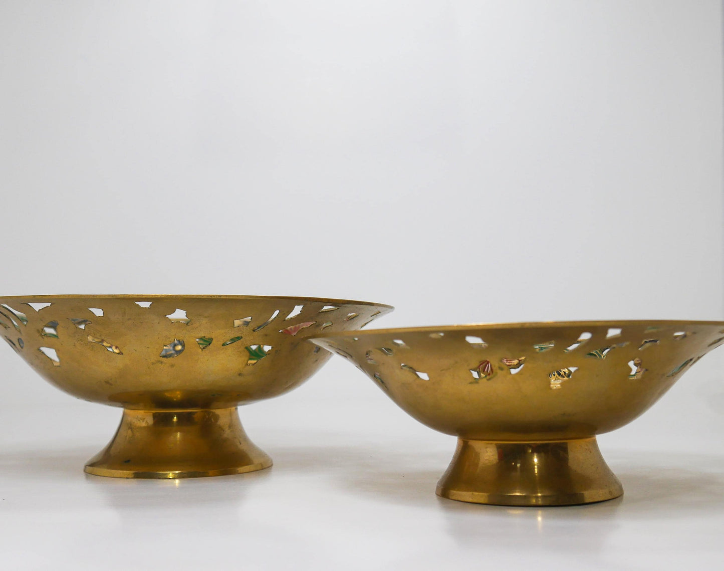 Vintage Brass Footed Enameled Bowls | Pierced Floral Centerpiece Set 7" & 8"