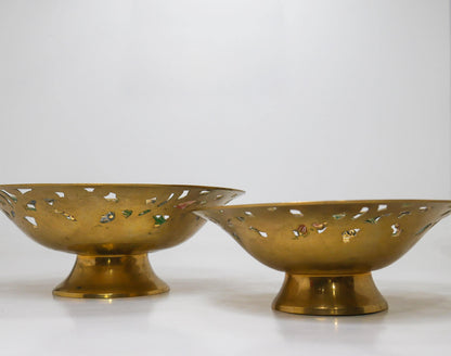 Vintage Brass Footed Enameled Bowls | Pierced Floral Centerpiece Set 7" & 8"