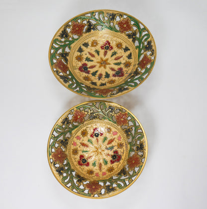 Vintage Brass Footed Enameled Bowls | Pierced Floral Centerpiece Set 7" & 8"