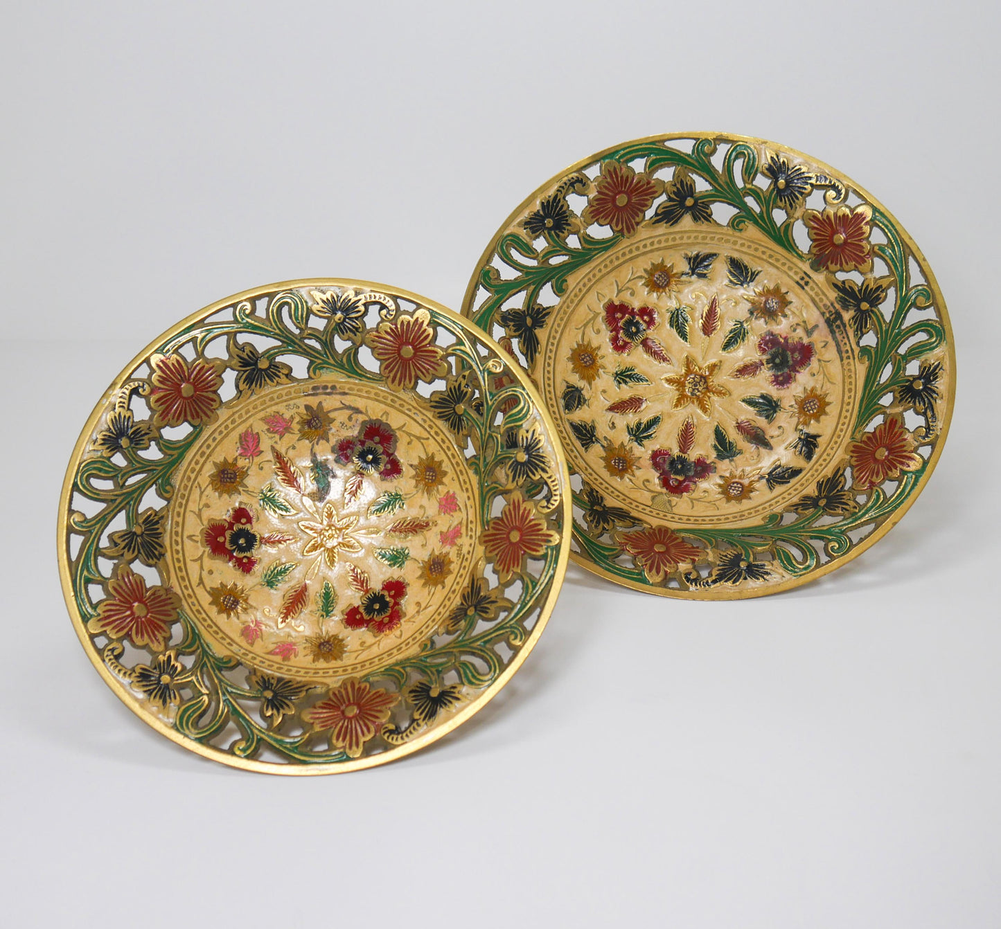 Vintage Brass Footed Enameled Bowls | Pierced Floral Centerpiece Set 7" & 8"