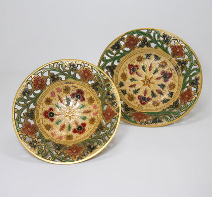 Vintage Brass Footed Enameled Bowls | Pierced Floral Centerpiece Set 7" & 8"
