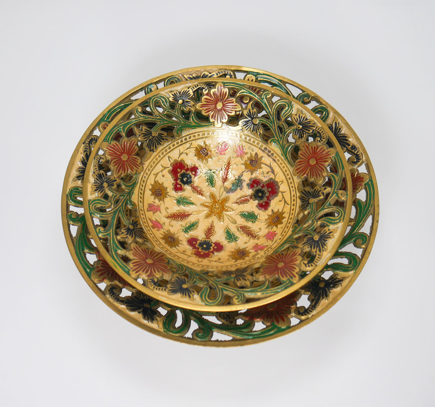 Vintage Brass Footed Enameled Bowls | Pierced Floral Centerpiece Set 7" & 8"