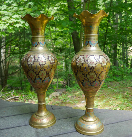 Vintage Pair of Large Etched Brass Vases 23.5" Tall | Hand Painted India Floor Vases