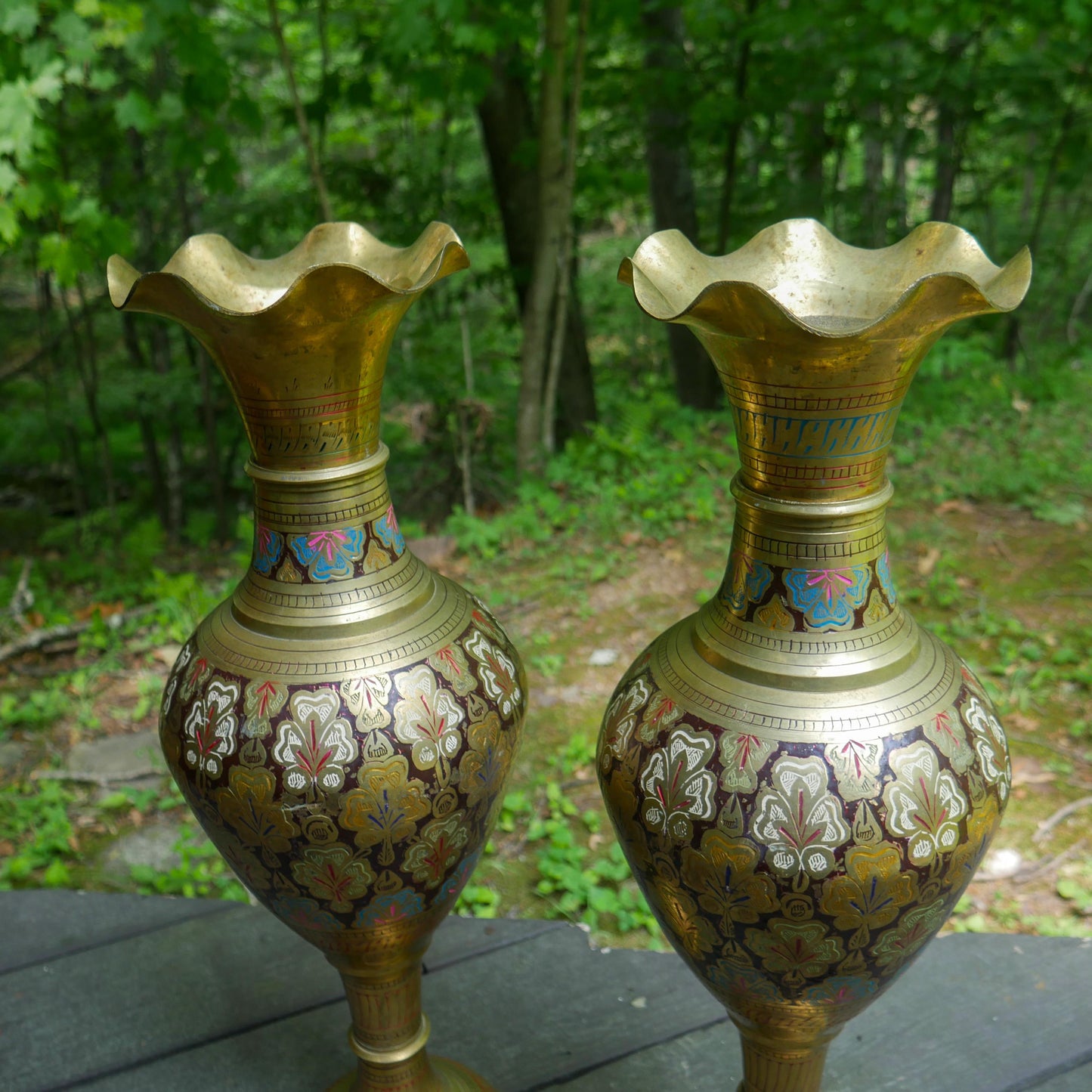 Vintage Pair of Large Etched Brass Vases 23.5" Tall | Hand Painted India Floor Vases