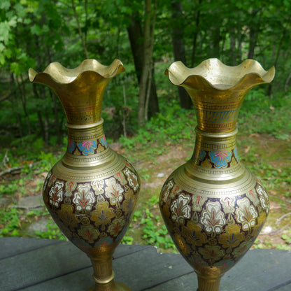 Vintage Pair of Large Etched Brass Vases 23.5" Tall | Hand Painted India Floor Vases