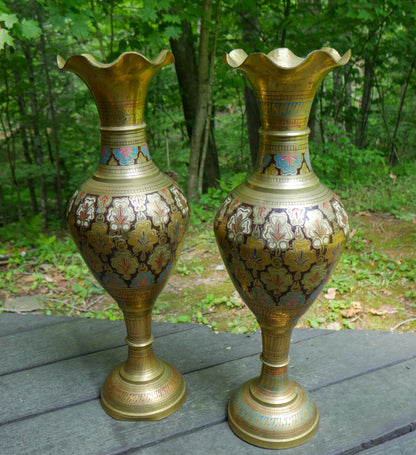 Vintage Pair of Large Etched Brass Vases 23.5" Tall | Hand Painted India Floor Vases