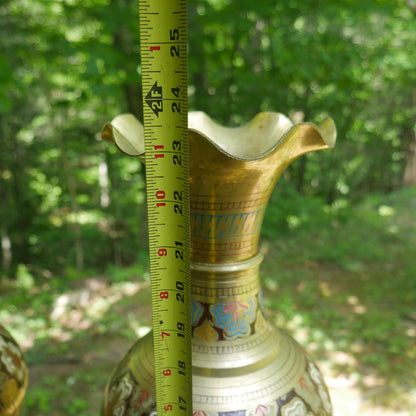 Vintage Pair of Large Etched Brass Vases 23.5" Tall | Hand Painted India Floor Vases
