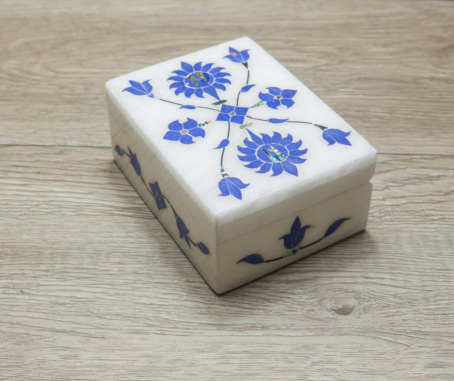 4" White Marble Jewelry Box Blue Floral Inlay | Trinket Box Handmade Gift Keepsake