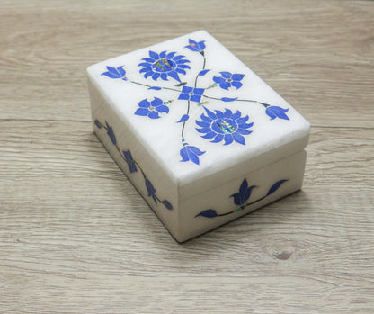 4" White Marble Jewelry Box Blue Floral Inlay | Trinket Box Handmade Gift Keepsake