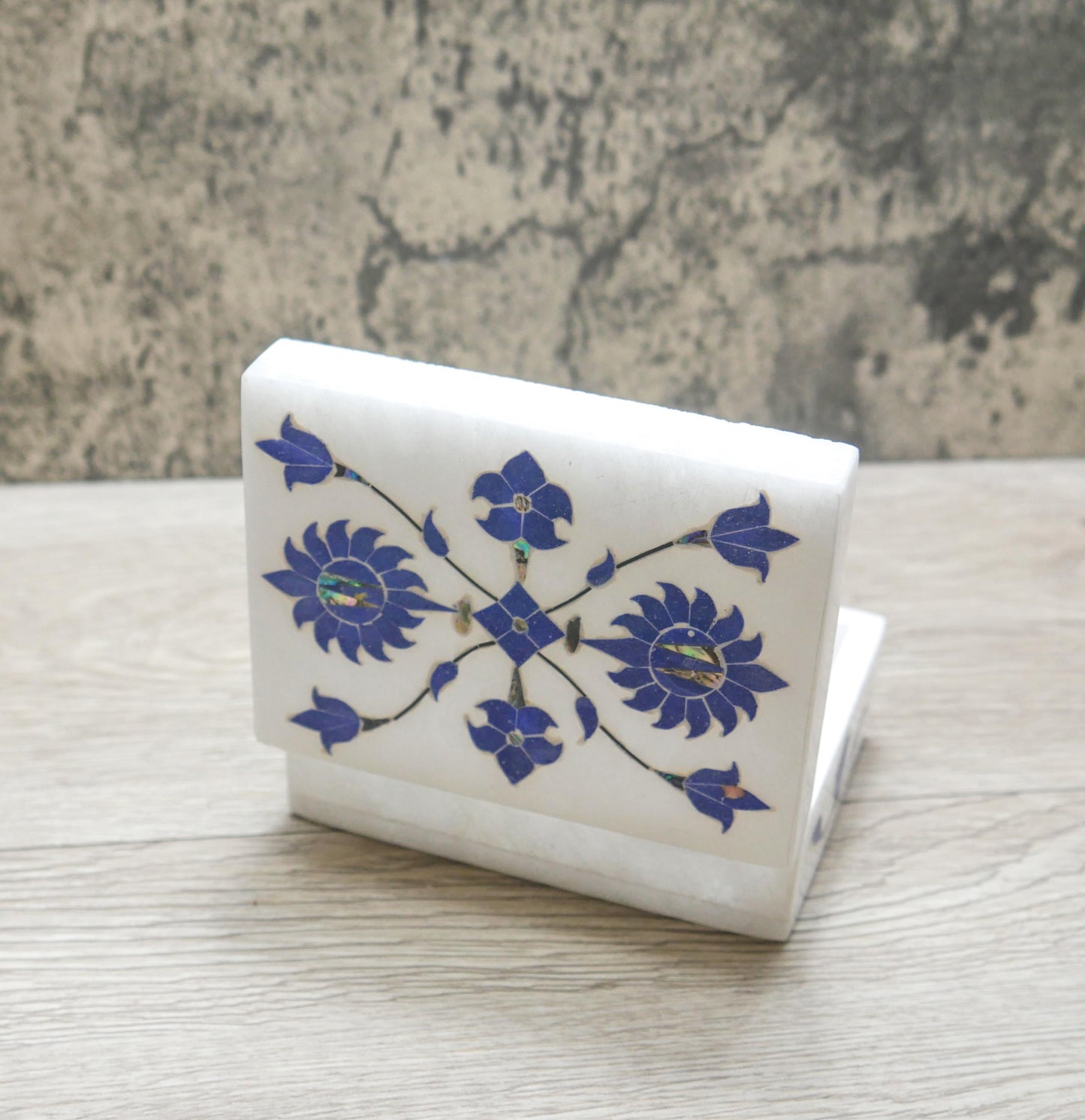 4" White Marble Jewelry Box Blue Floral Inlay | Trinket Box Handmade Gift Keepsake