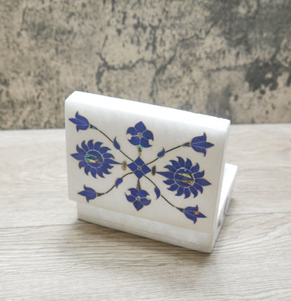 4" White Marble Jewelry Box Blue Floral Inlay | Trinket Box Handmade Gift Keepsake