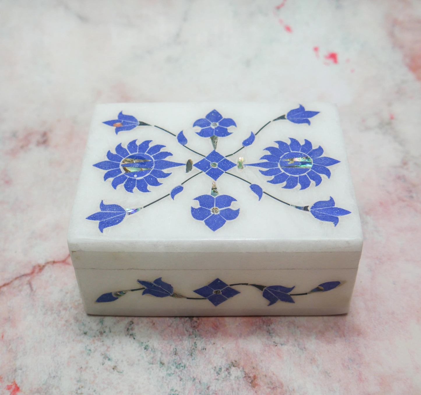 4" White Marble Jewelry Box Blue Floral Inlay | Trinket Box Handmade Gift Keepsake
