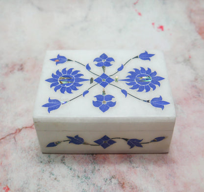 4" White Marble Jewelry Box Blue Floral Inlay | Trinket Box Handmade Gift Keepsake