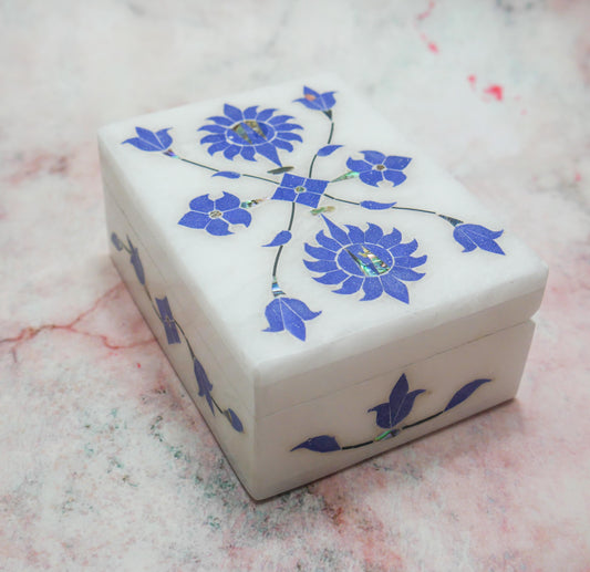 4" White Marble Jewelry Box Blue Floral Inlay | Trinket Box Handmade Gift Keepsake