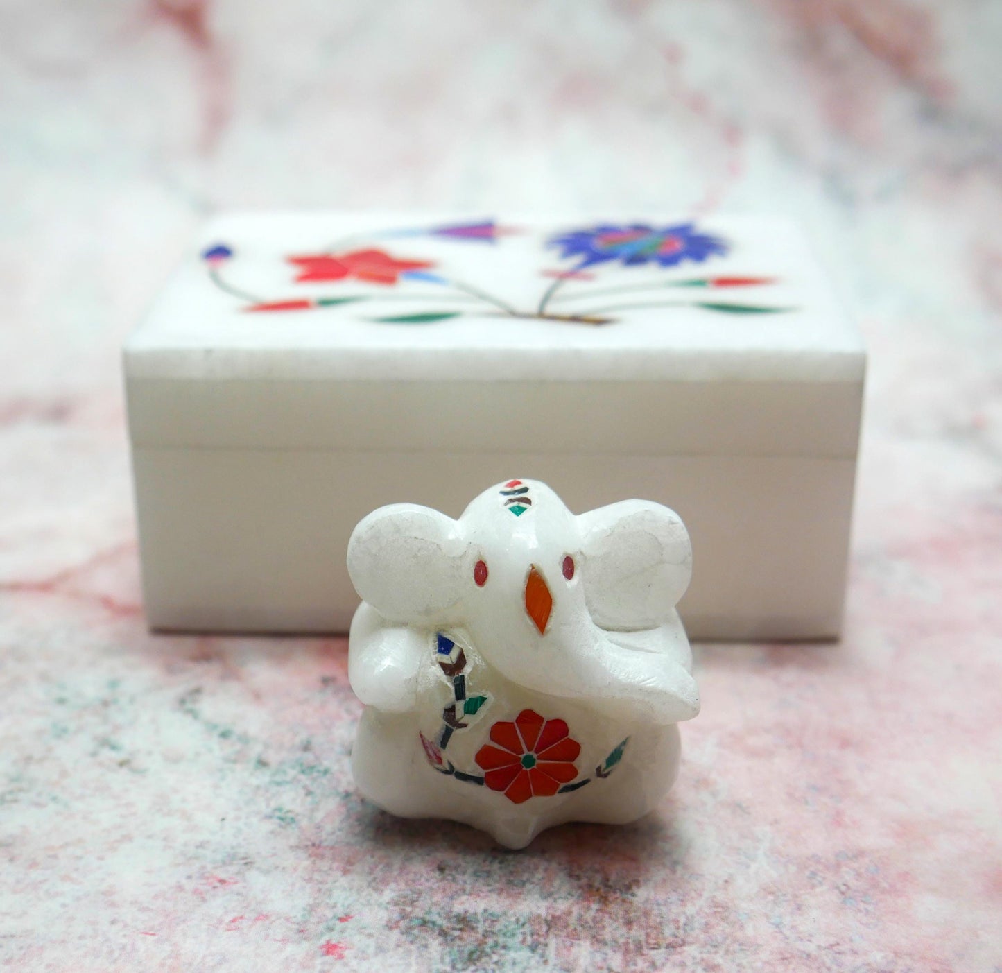 Marble Jewelry Box with Mini Ganesh White Inlay | Trinket Box Handmade Gift Set