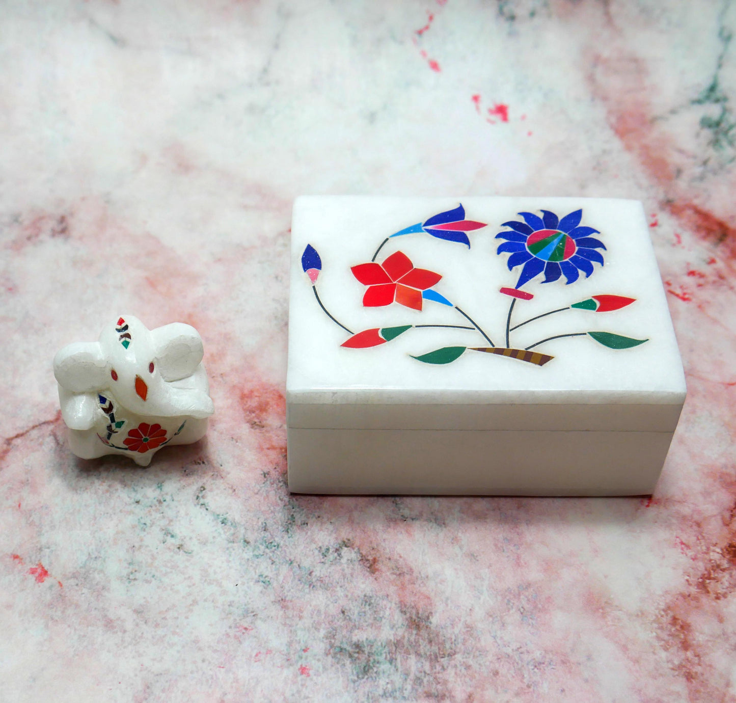 Marble Jewelry Box with Mini Ganesh White Inlay | Trinket Box Handmade Gift Set