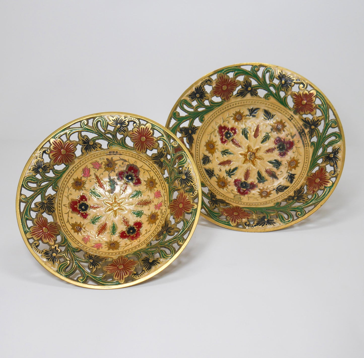 Vintage Brass Footed Enameled Bowls | Pierced Floral Centerpiece Set 7" & 8"