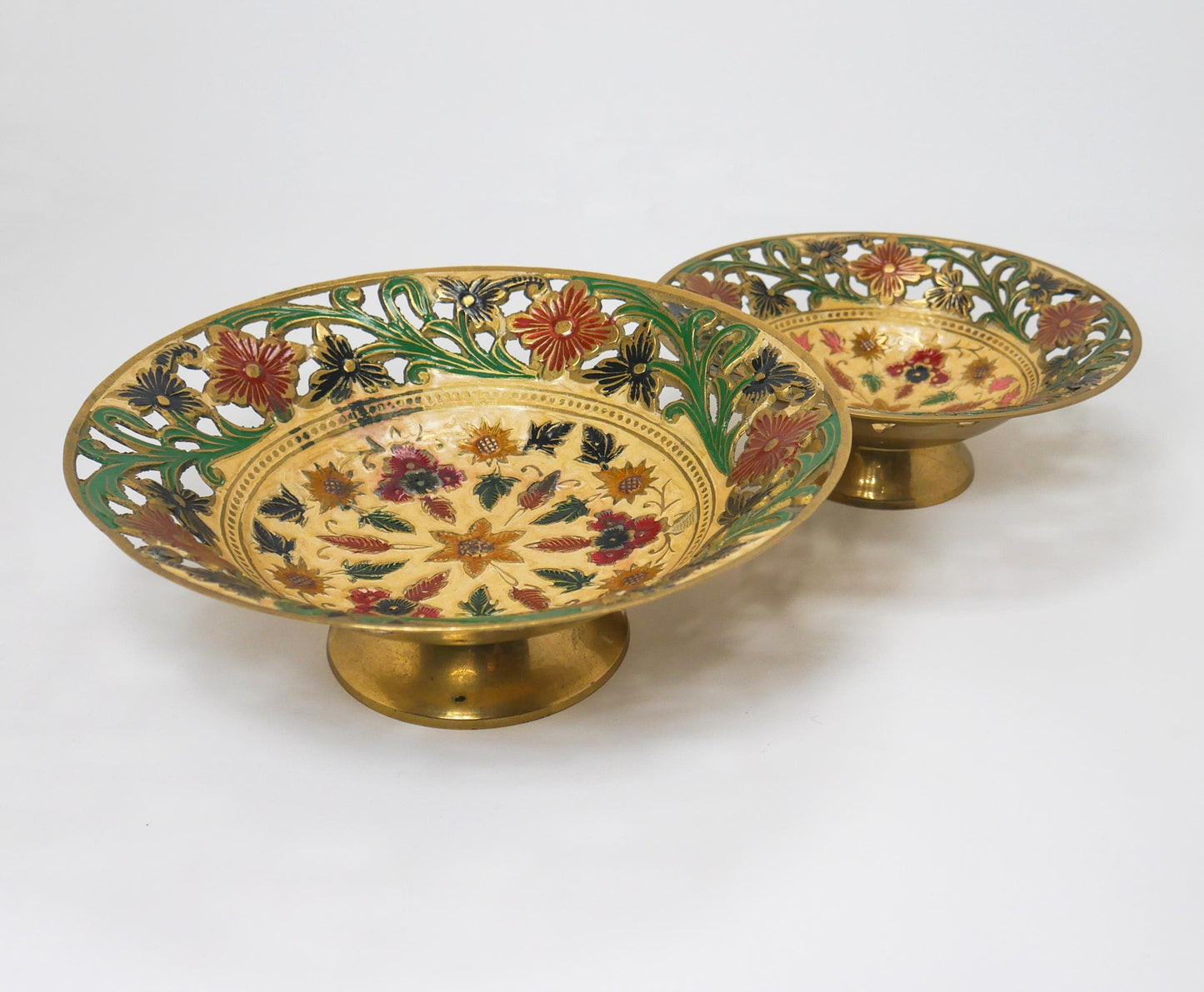 Vintage Brass Footed Enameled Bowls | Pierced Floral Centerpiece Set 7" & 8"