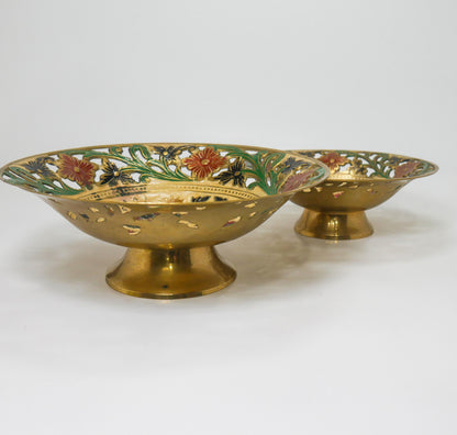 Vintage Brass Footed Enameled Bowls | Pierced Floral Centerpiece Set 7" & 8"