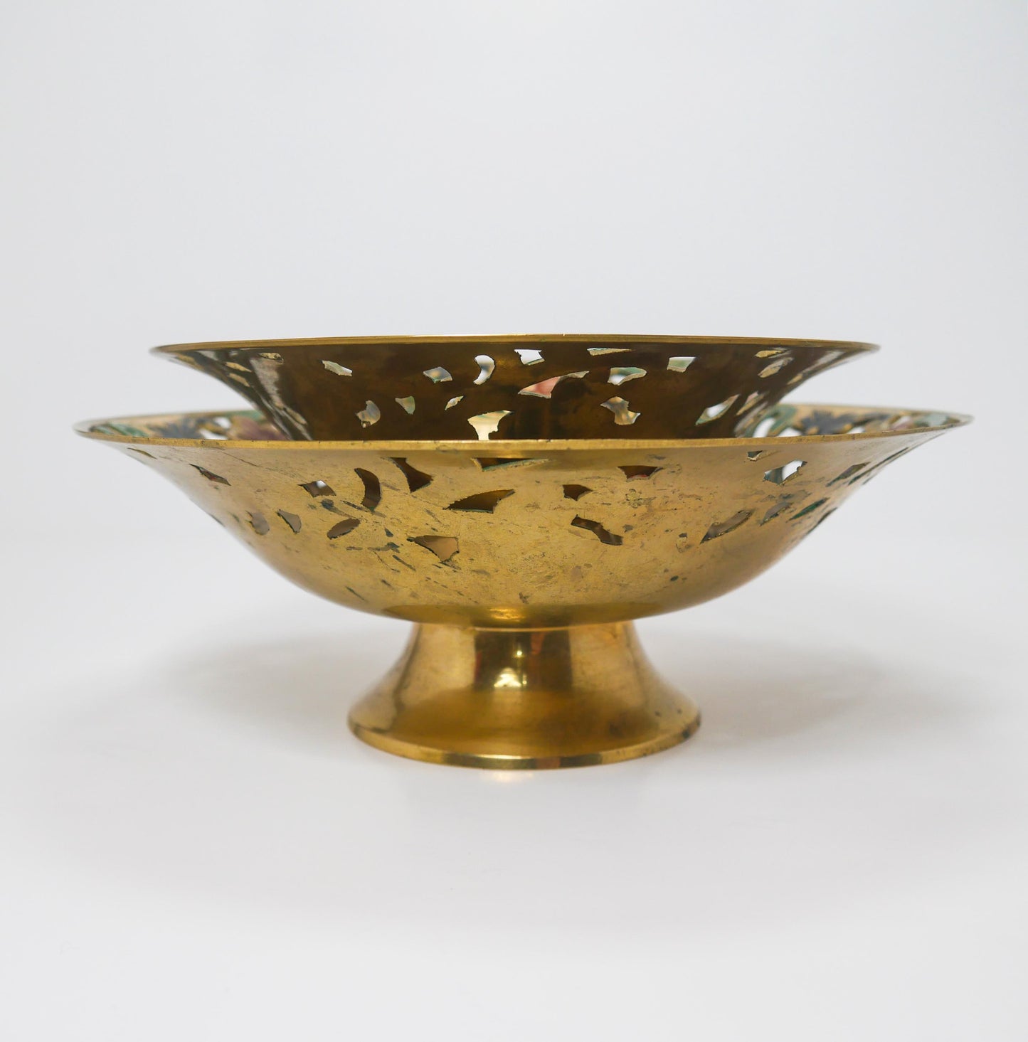 Vintage Brass Footed Enameled Bowls | Pierced Floral Centerpiece Set 7" & 8"