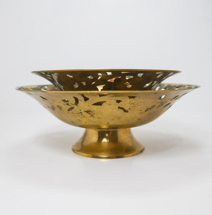 Vintage Brass Footed Enameled Bowls | Pierced Floral Centerpiece Set 7" & 8"