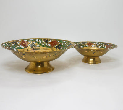 Vintage Brass Footed Enameled Bowls | Pierced Floral Centerpiece Set 7" & 8"