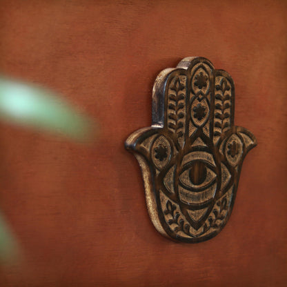 Hand Carved Wooden Hamsa Wall Hanging | Hamsa Hand with Evil Eye | Protection Symbol