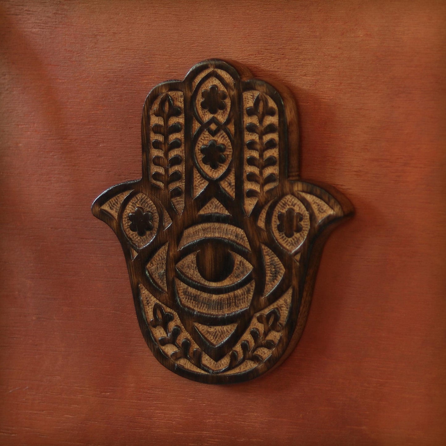 Hand Carved Wooden Hamsa Wall Hanging | Hamsa Hand with Evil Eye | Protection Symbol