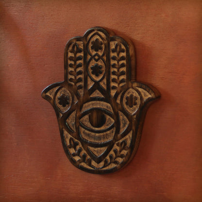 Hand Carved Wooden Hamsa Wall Hanging | Hamsa Hand with Evil Eye | Protection Symbol