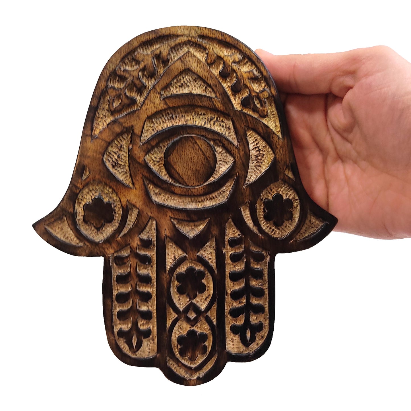 Hand Carved Wooden Hamsa Wall Hanging | Hamsa Hand with Evil Eye | Protection Symbol