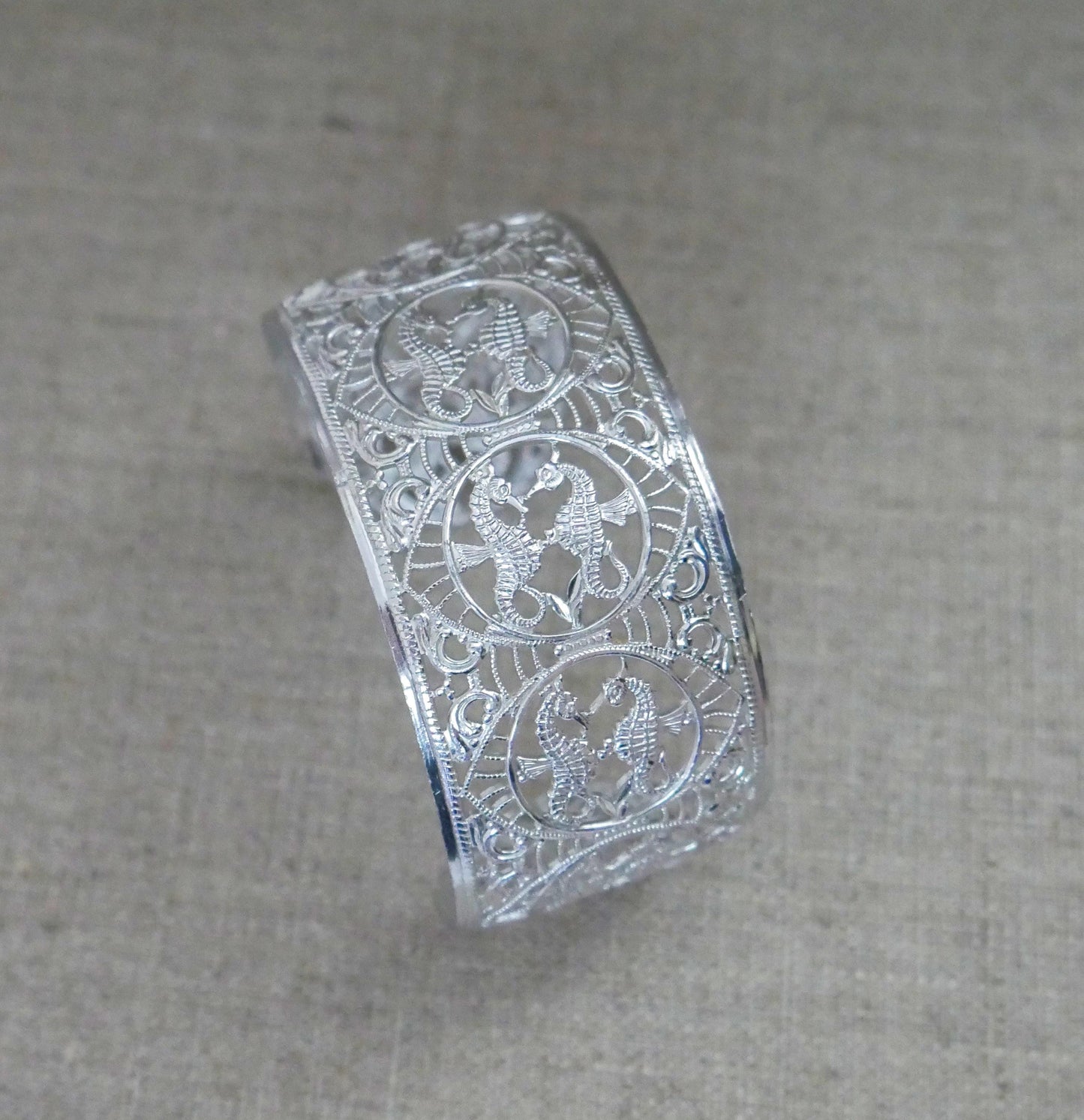 Vintage West Germany Eloxal Aluminum Cuff Bracelet - Silver Tone Seahorse Filigree Bangle