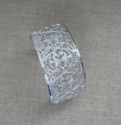 Vintage West Germany Eloxal Aluminum Cuff Bracelet - Silver Tone Seahorse Filigree Bangle