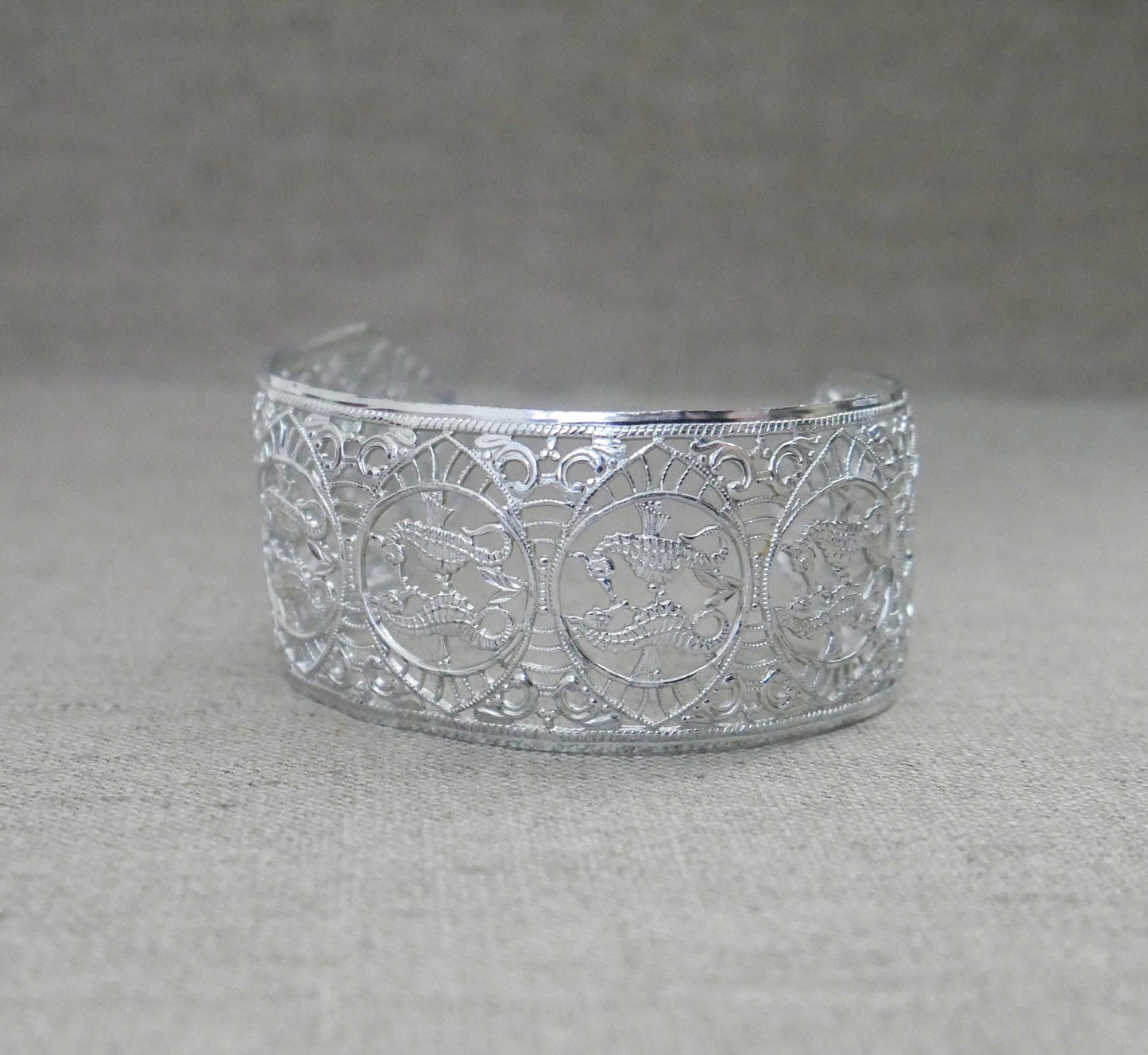 Vintage West Germany Eloxal Aluminum Cuff Bracelet - Silver Tone Seahorse Filigree Bangle