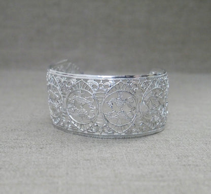 Vintage West Germany Eloxal Aluminum Cuff Bracelet - Silver Tone Seahorse Filigree Bangle